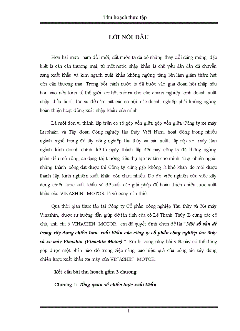 BÁO CÁO THỰC TẬP Một số vấn đề trong xây dựng chiến lược xuất khẩu của công ty cổ phần công nghiệp tàu thủy và xe máy Vinashin Vinashin Motor