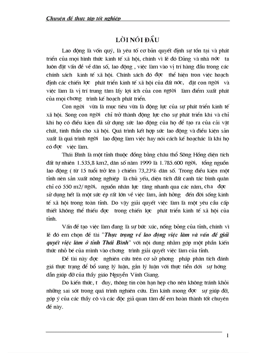 Thực trạng về lao động việc làm và vấn đề giải quyết việc làm ở tỉnh Thái Bình