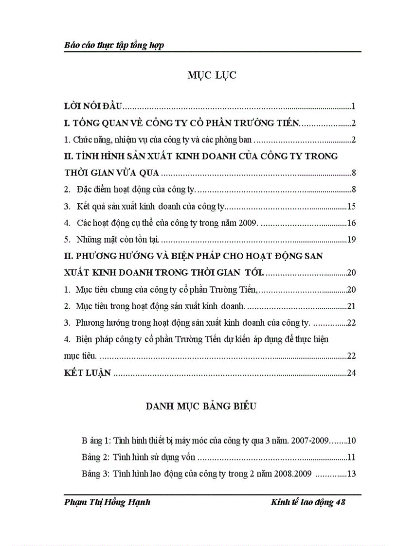 Tình hình sản xuất kinh doanh Phương hướng và biện pháp phát triển của Công ty Cổ Phần Trương Tiến