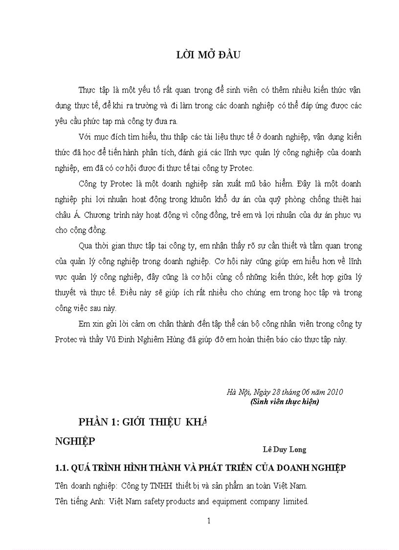 Thực tập quản lý công nghiệp tại Công ty TNHH thiết bị và sản phẩm an toàn Việt Nam