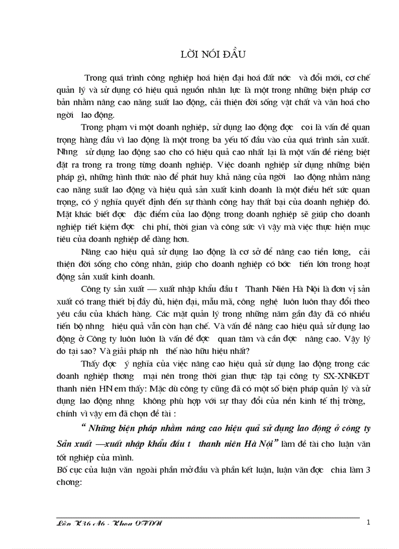 Một số biện pháp cơ bản nhằm nâng cao hiệu quả sử dụng lao động tại công ty SX XNKĐT thanh niên HN