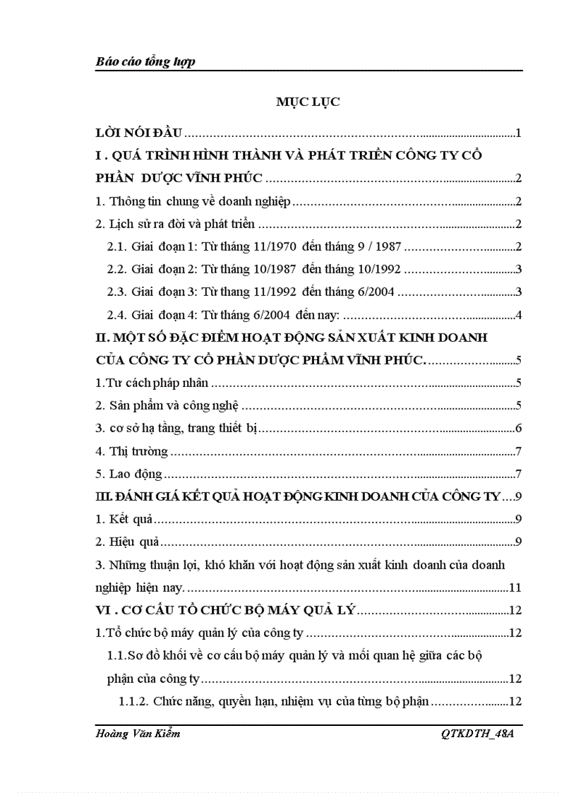 Đặc điểm sản xuất kinh doanh hoạt động quản trị và phương hướng phát triển của Công ty cổ phần Dược Phẩm Vĩnh Phúc