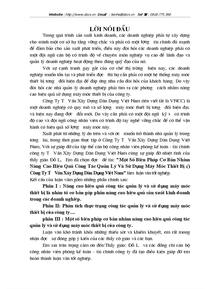 Một Số Biện Pháp Cơ Bản Nhằm Nâng Cao Hiệu Quả Công Tác Quản Lý Và Sử Dụng Máy Móc Thiết Bị Ở Công Ty Tư Vấn Xây Dựng Dân Dụng Việt Nam