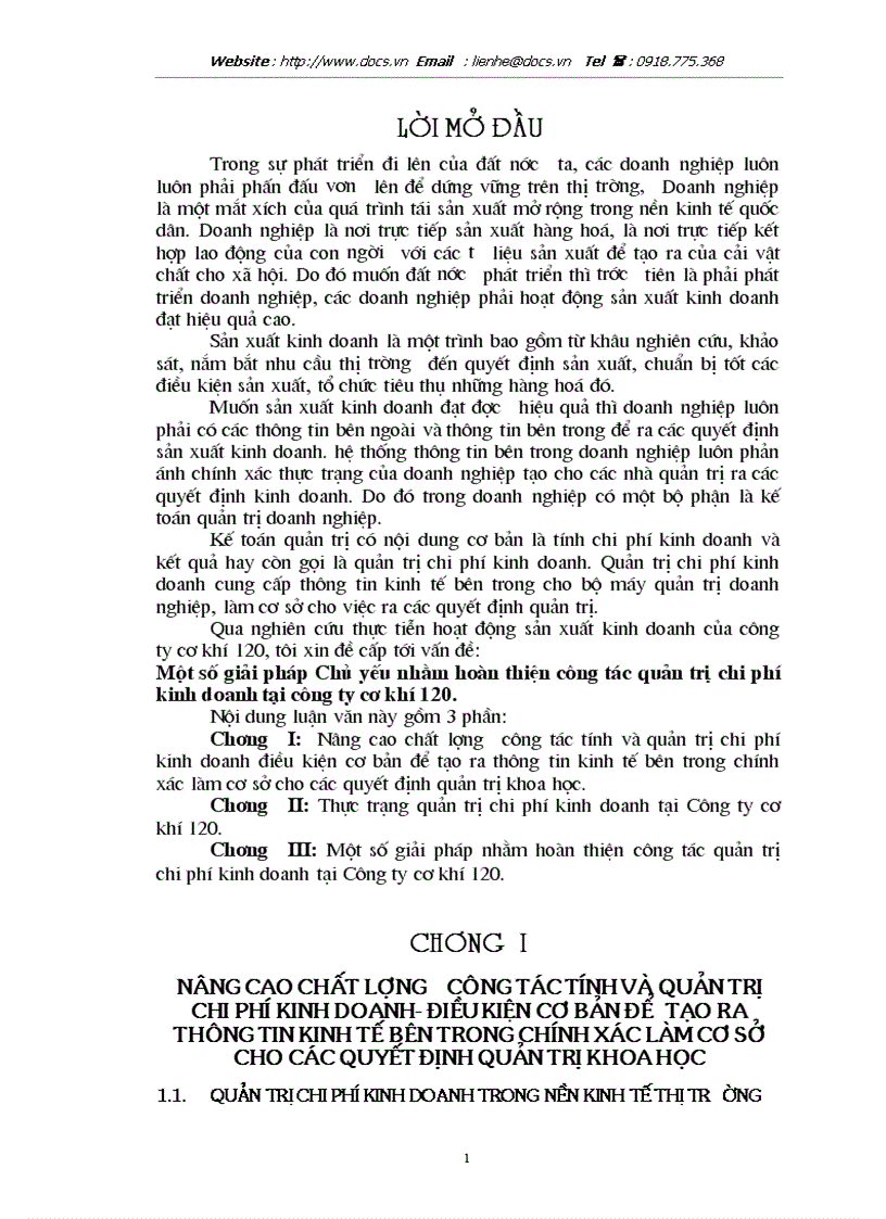 Một số giải pháp Chủ yếu nhằm hoàn thiện công tác quản trị chi phí kinh doanh tại công ty cơ khí 120