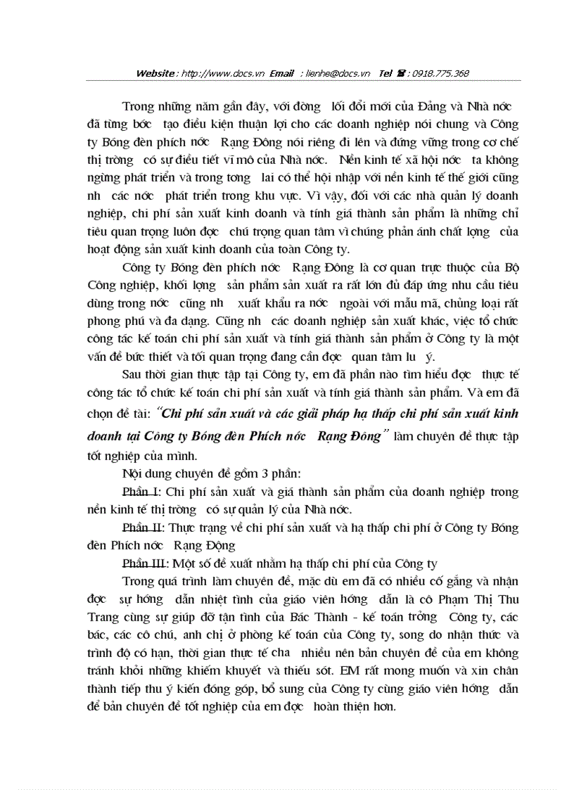 Chi phí sản xuất và các giải pháp hạ thấp chi phí sản xuất kinh doanh tại Công ty Bóng đèn Phích nước Rạng Đông làm chuyên đề thực tập tốt nghiệp của