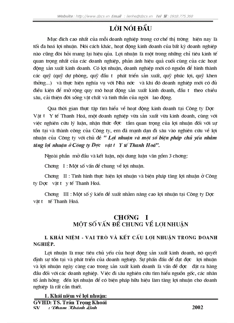 Lợi nhuận và một số biện pháp chủ yếu nhằm tăng lợi nhuận ở Công ty Dược vật tư Y tế Thanh Hoá