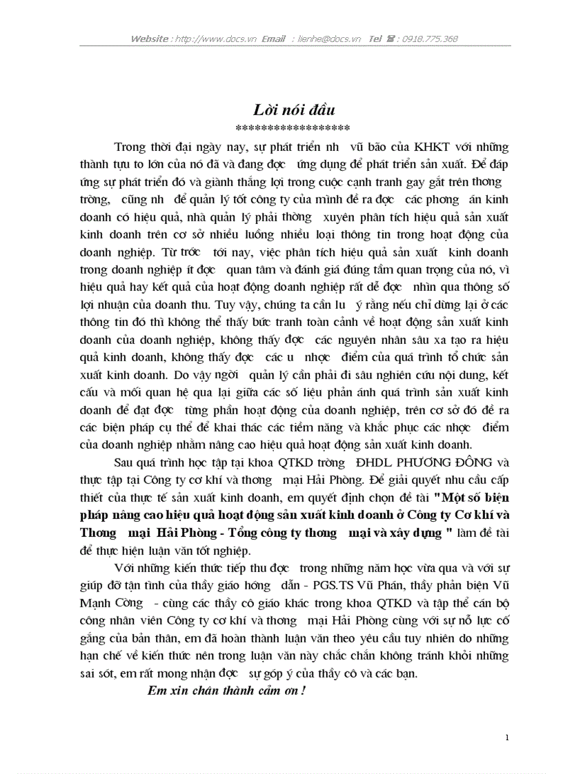 Một số biện pháp nâng cao hiệu quả hoạt động sản xuất kinh doanh ở Công ty Cơ khí và Thương mại Hải Phòng Tổng công ty thương mại và xây dựng