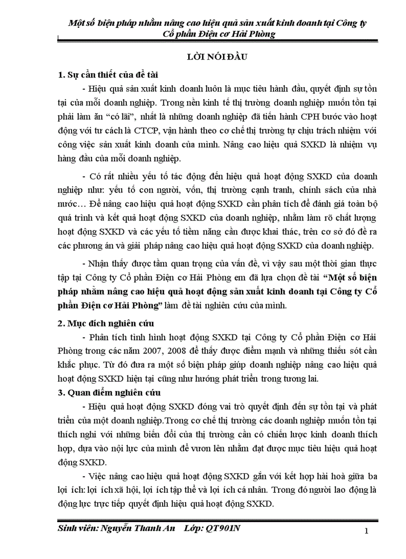 Một số biện pháp nhằm nâng cao hiệu quả sản xuất kinh doanh tại Công ty Cổ phần Điện cơ Hải Phòng