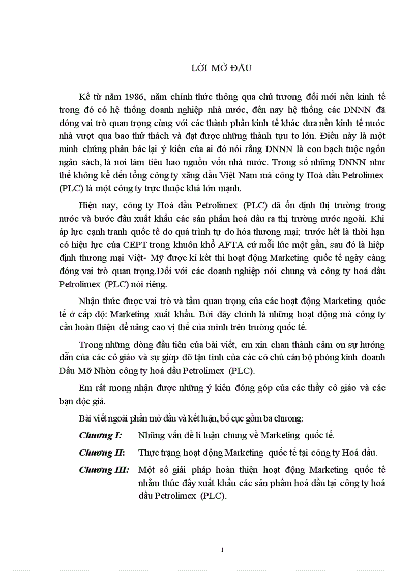 Hoàn thiện hoạt động Marketing quốc tế nhằm thúc đẩy xuất khẩu các sản phẩm hoá dầu tại Công ty Hoá dầu PETROLIMEX PLC