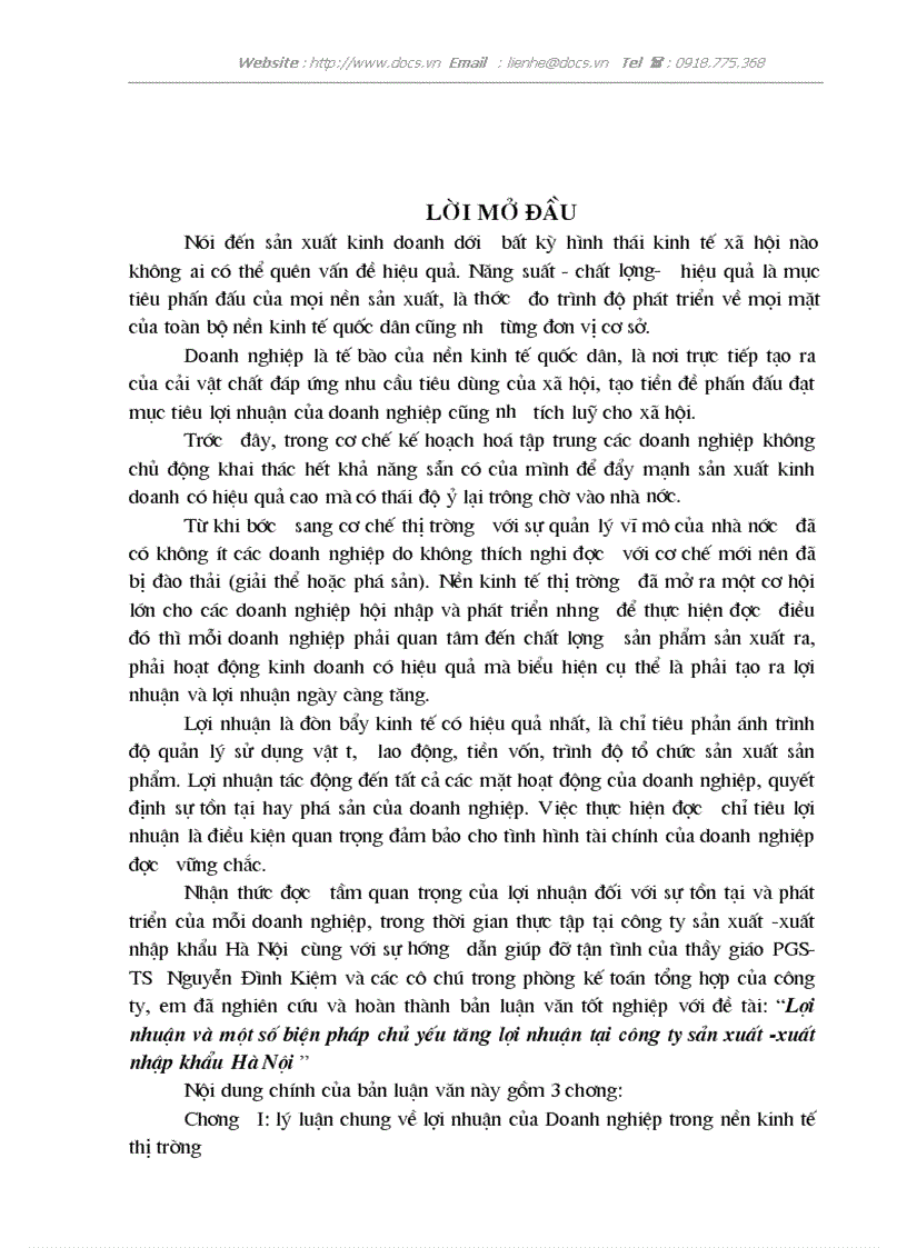 Lợi nhuận và một số biện pháp chủ yếu tăng lợi nhuận tại công ty sản xuất xuất nhập khẩu Hà Nội