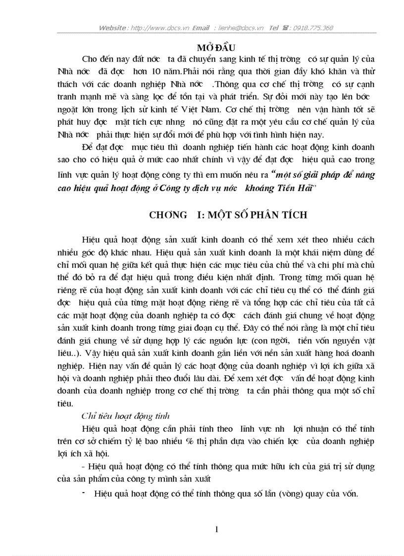 Giải pháp để nâng cao hiệu quả hoạt động ở C ty dịch vụ nước khoáng Tiền Hải