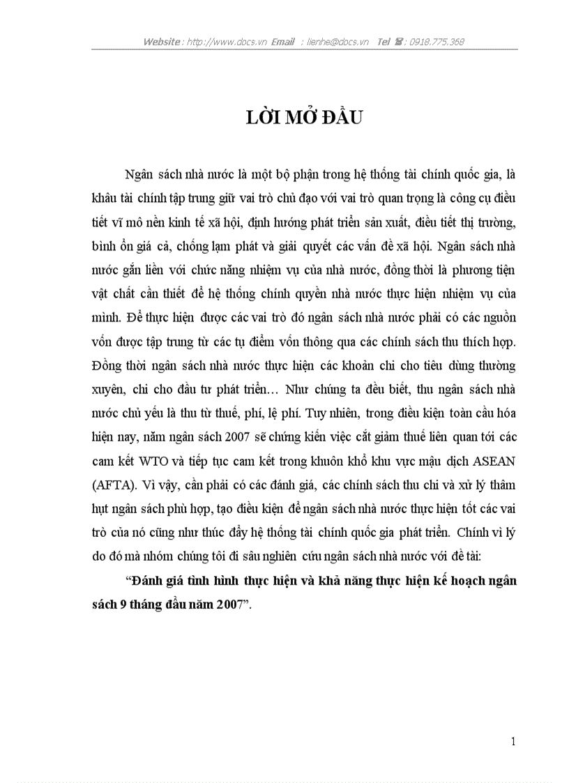 Đánh giá tình hình thực hiện khả năng thực hiện kế hoạch ngân sách 9 tháng đầu năm 2007 NSNN