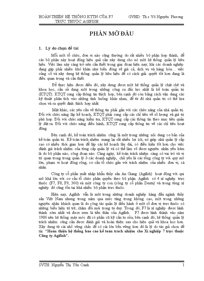 Hoàn thiện hệ thống báo cáo kế toán trách nhiệm cho Xí nghiệp 7 trực thuộc Công ty Agifish