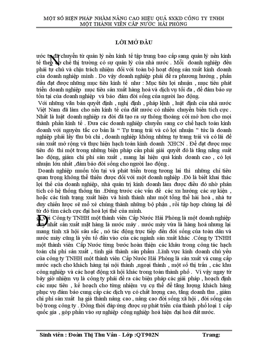 Một số biện pháp nhằm nâng cao hiệu quả sản xuất kinh doanh tại công ty TNHH một thành viên Cấp Nước Hải Phòng