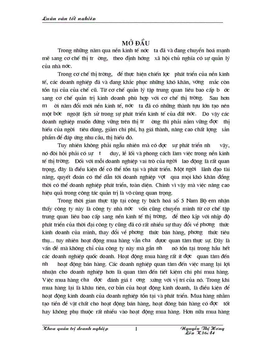 Một số giải pháp nhằm nâng cao công tác quản trị mua hàng tại công ty bách hoá số 5 Nam Bộ