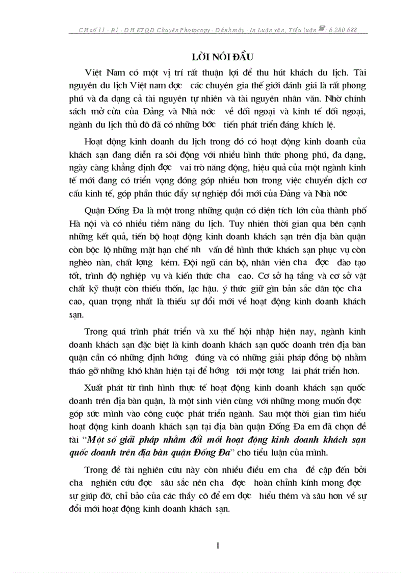 1số giải pháp nhằm đổi mới hoạt động kinh doanh khách sạn quốc doanh trên địa bàn quận Đống Đa