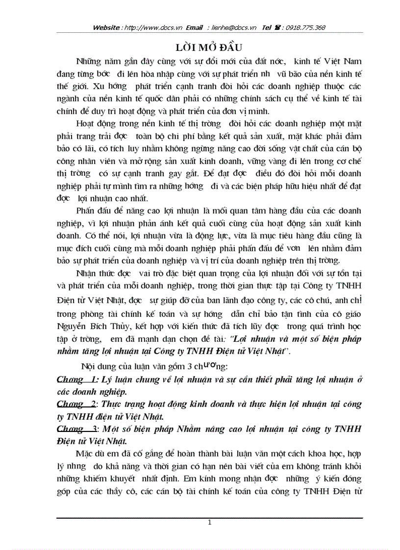 Lợi nhuận và một số biện pháp nhằm tăng lợi nhuận tại Công ty TNHH Điện tử Việt Nhật