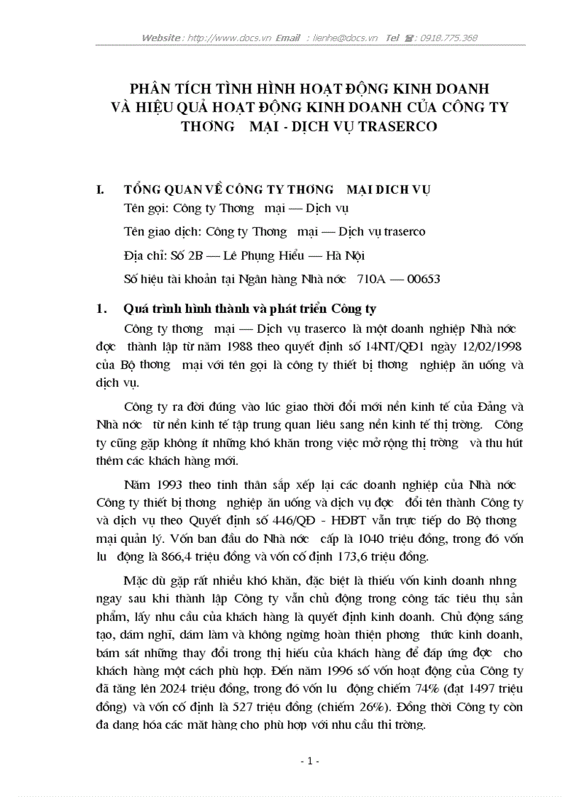 Ptích tình hình hoạt động kinh doanh hiệu quả hoạt động kinh doanh của C ty Thương mại Dịch vụ TRASERCO