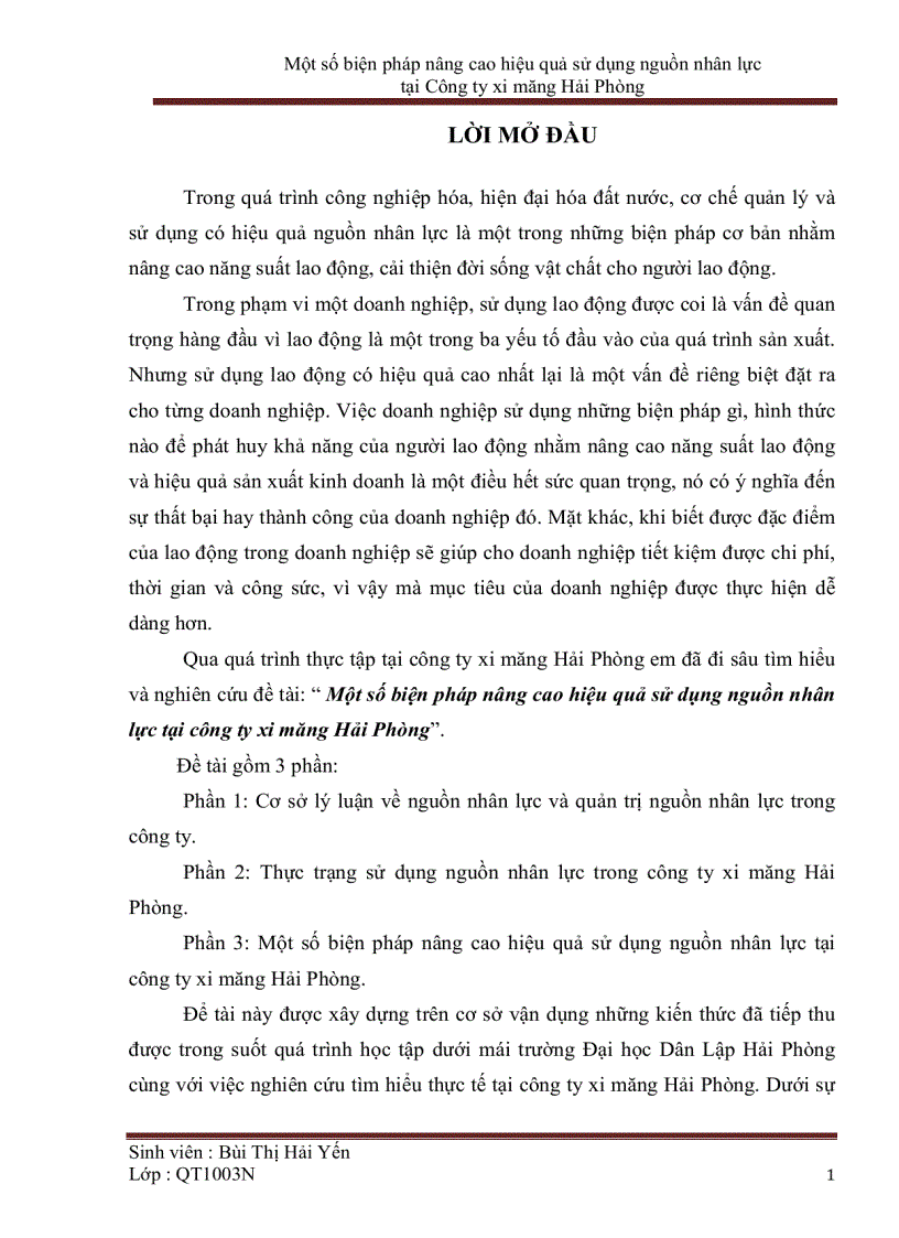Một số biện pháp nâng cao hiệu quả sử dụng nguồn nhân lực tại Công ty xi măng Hải Phòng