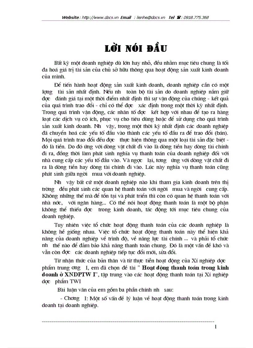 Hoạt động thanh toán trong kinh doanh ở XNDPTW I