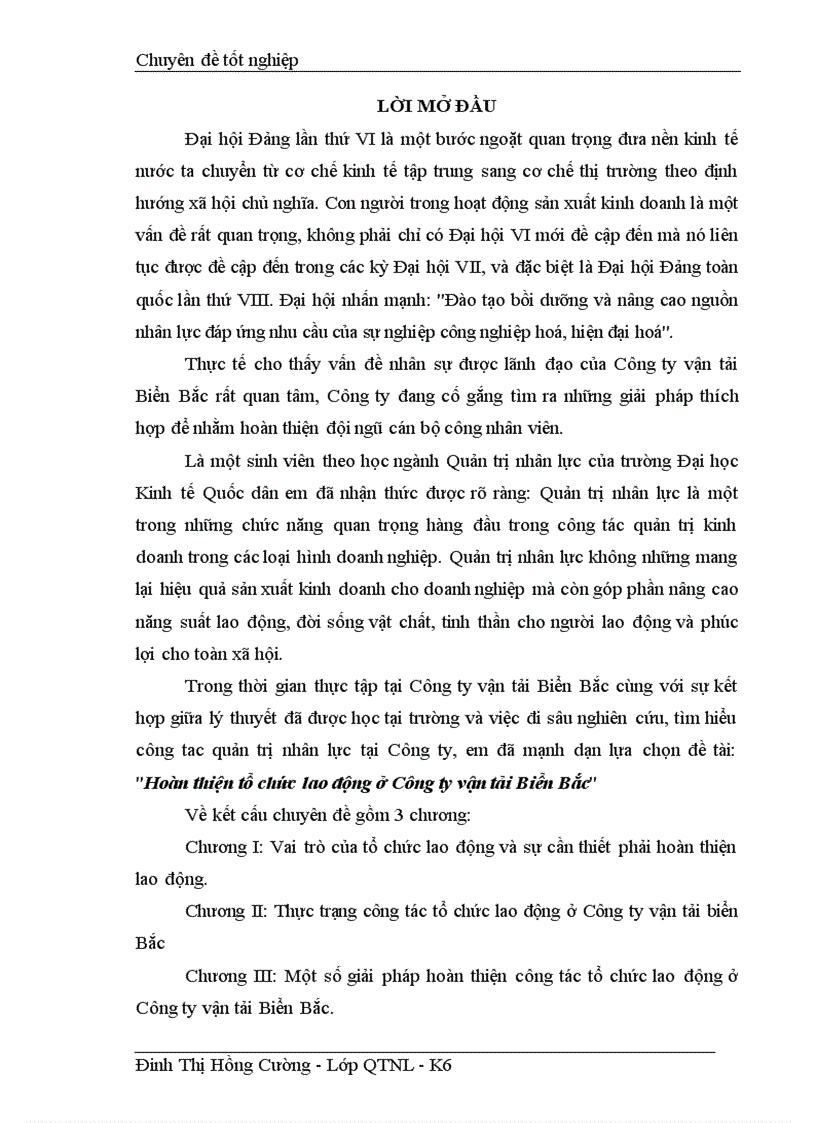 Hoàn thiện tổ chức lao động ở Công ty vận tải Biển Bắc