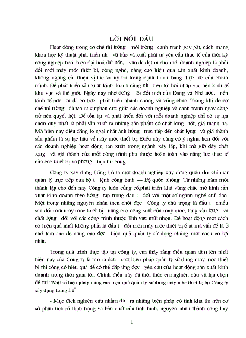 Một số biện pháp nâng cao hiệu quả quản lý sử dụng máy móc thiết bị tại Công ty xây dựng Lũng Lô