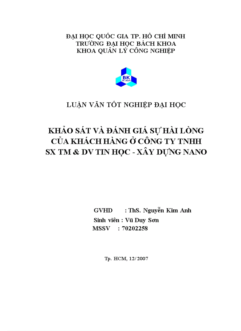 Khảo sát và đánh giá sự hài lòng của khách hàng ở công ty tnhh sx tm dv tin học xây dựng nano