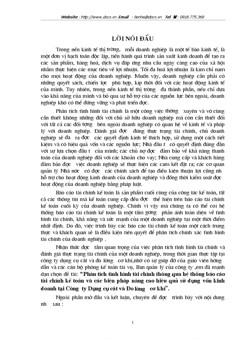 Phân tích tình hình tài chính thông qua hệ thống báo cáo tài chính kế toán và các biện pháp nâng cao hiệu quả sử dụng vốn kinh doanh tại Công ty Dụng