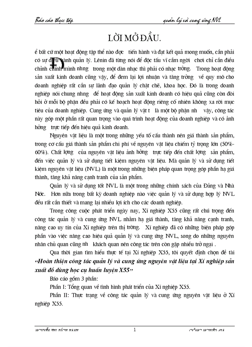 Một số giải pháp hoàn thiện công tác quản lý và cung ứng nguyên vật liệu tại Xí nghiệp X55