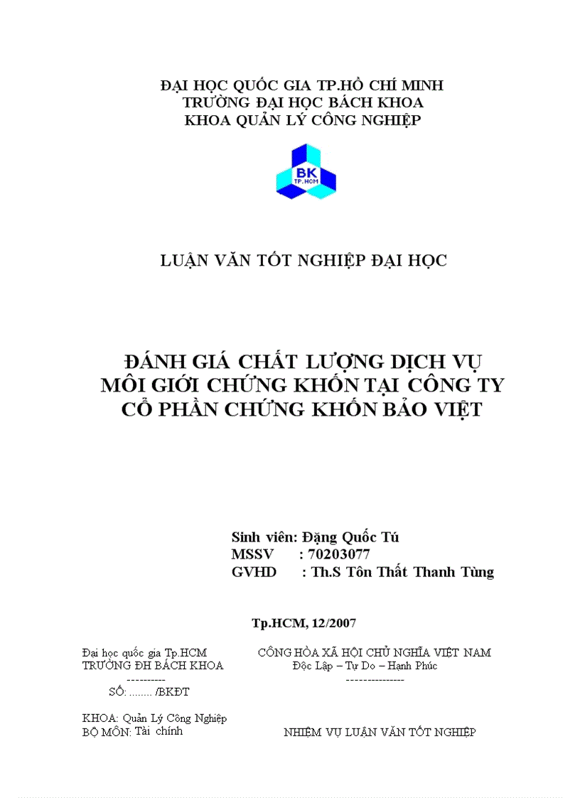 Đánh giá chất lượng dịch vụ môi giới của công ty cổ phần chứng khoán Bảo Việt