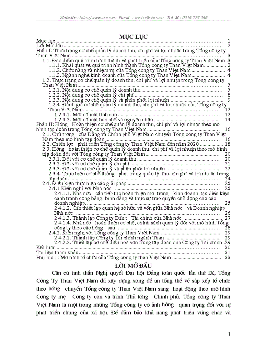 Cơ chế quản lý doanh thu chi phí và lợi nhuận của Tổng công ty Than Việt Nam Thực trạng hướng hoàn thiện