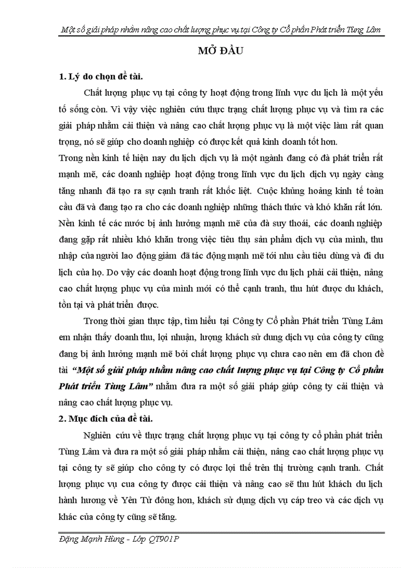 Một số giải pháp nhằm nâng cao chất lượng phục vụ tại Công ty Cổ phần Phát triển Tùng Lâm