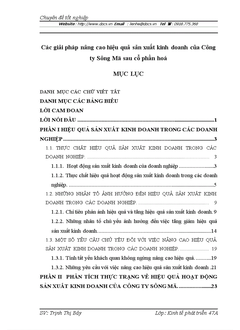 Các giải pháp nâng cao hiệu quả sản xuất kinh doanh của Công ty Sông Mã sau cổ phần hoá