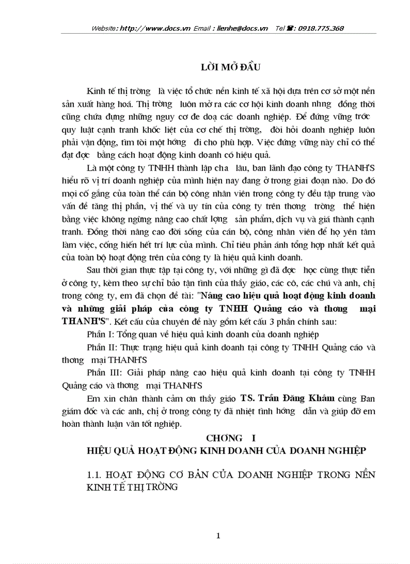 Nâng cao hiệu quả hoạt động kinh doanh và những giải pháp của công ty TNHH Quảng cáo và thương mại THANH S
