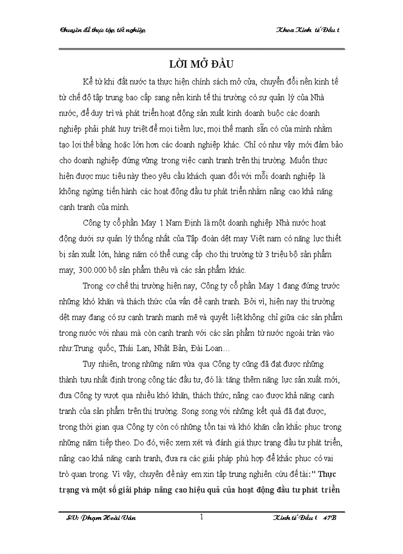Thực trạng và một số giải pháp nâng cao hiệu quả của hoạt động đầu tư phát triển tại công ty cổ phần May 1 Nam Định