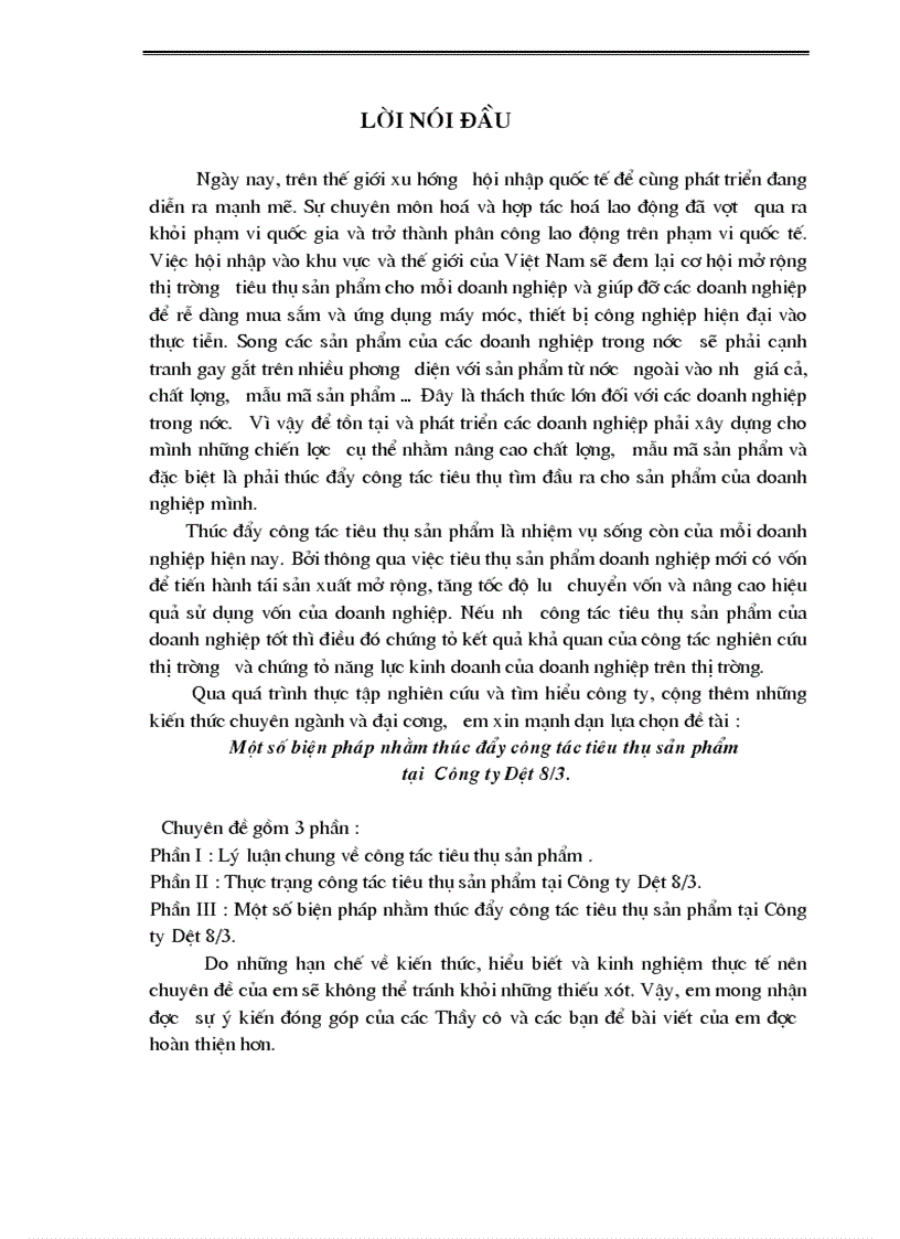 Một số biện pháp nhằm thúc đẩy công tác tiêu thụ sản phẩm tại Công ty Dệt 8 3