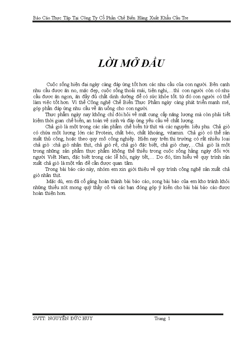 Báo Cáo Thực Tập Tại Công Ty Cổ Phần Chế Biến Hàng Xuất Khẩu Cầu Tre