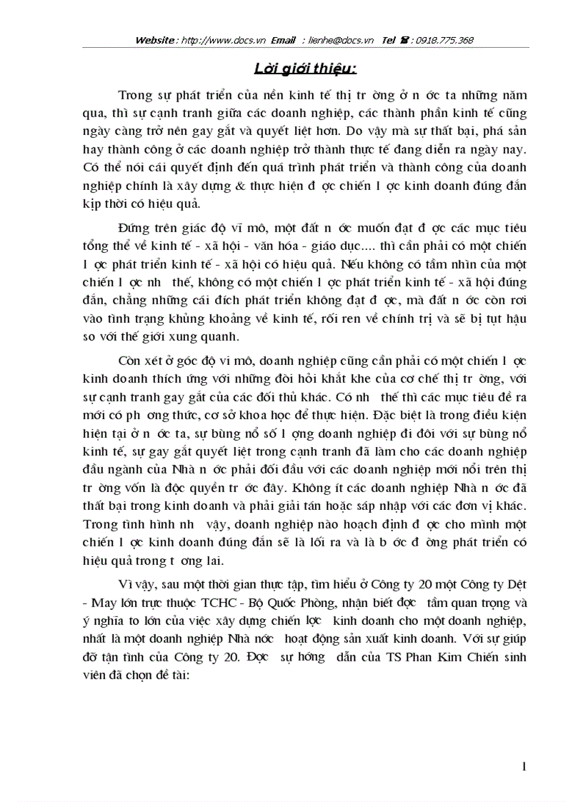 Một số giải pháp chủ yếu góp phần nâng cao hiệu quả của việc xây dựng và thực hiện chiến lược kinh doanh của Công ty 20