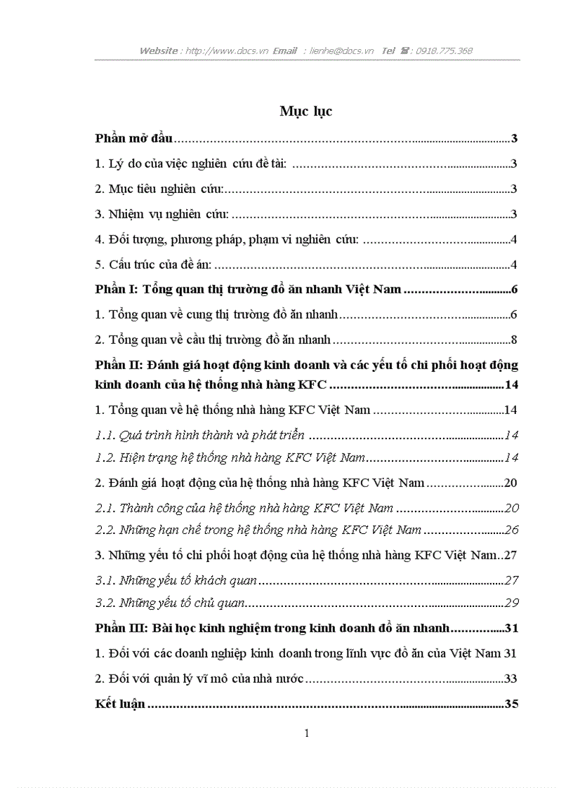 Đánh giá hoạt động kinh doanh của hệ thống nhà hàng KFC Việt Nam và rút ra bài học kinh nghiệm trong kinh doanh đồ ăn nhanh