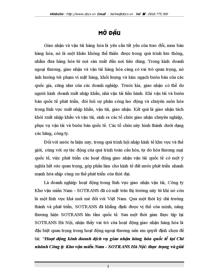 Hoạt động kinh doanh dịch vụ giao nhận hàng hóa quốc tế tại Chi nhánh Công ty Kho vận miền Nam SOTRANS Hà Nội thực trạng và giải pháp phát triển