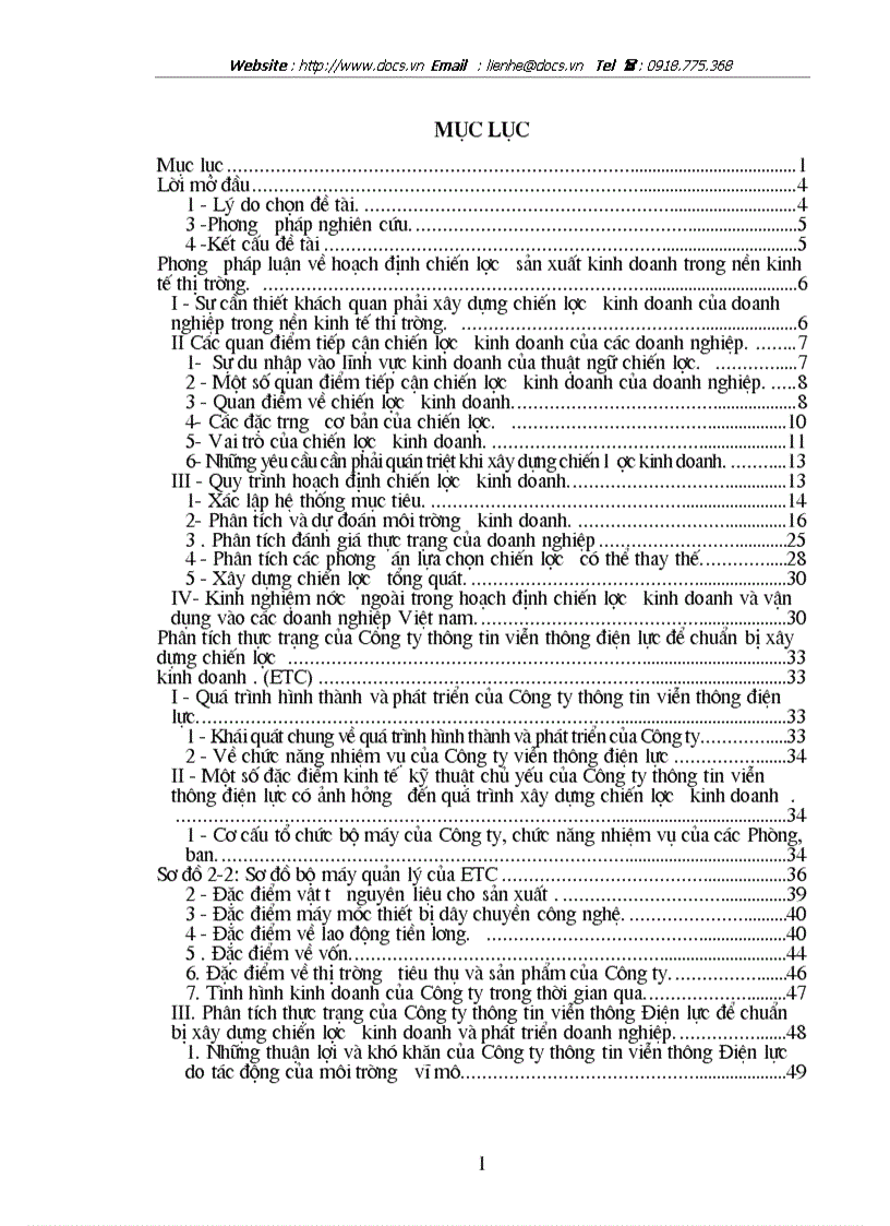 Vận dụng mô hình hoạch định chiến lược kinh doanh ở Công ty thông tin viễn thông Điện lực giai đoạn 2001 2005