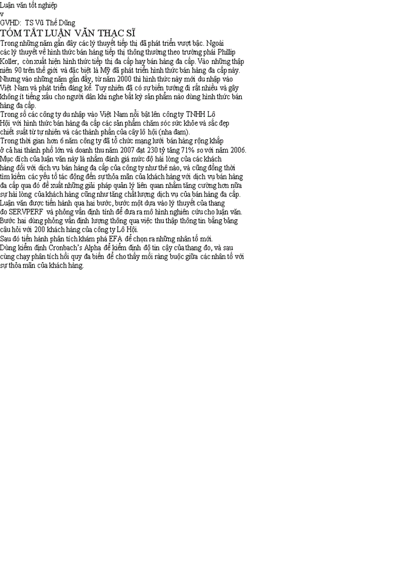 Luận văn khảo sát sự hài lòng của khách hàng đối với dịch vụ bán hàng đa cấp mà điển hình là công ty TNHH Lô Hội