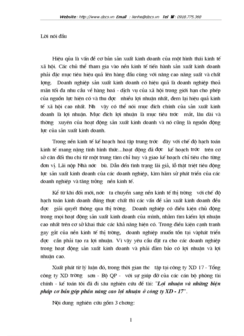 Lợi nhuận và những biện pháp cơ bản góp phần nâng cao lợi nhuận ở công ty XD 17