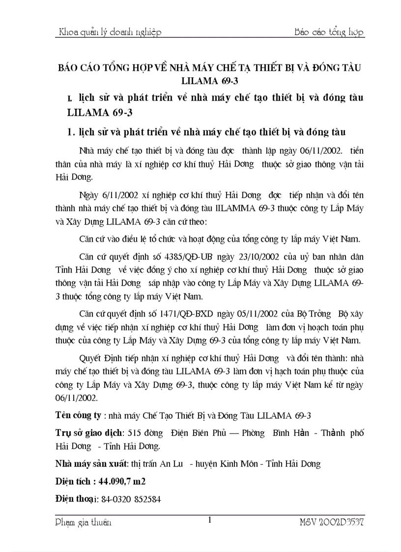 Báo cáo tổng hợp về nhà máy chế tạ thiết bị và đóng tàu lilama 69 3