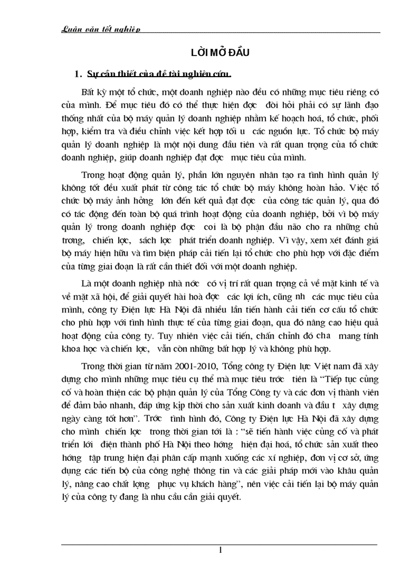 Một số giải pháp nhằm hoàn thiện bộ máy quản lý của công ty Điện lực Hà Nội