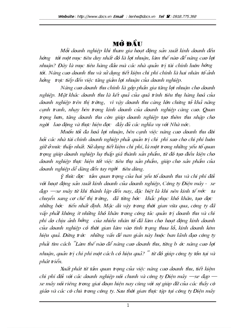 Một số giải pháp nhằm nâng cao doanh thu và tiết kiệm chi phí tại công ty Điện máy xe đạp xe máy