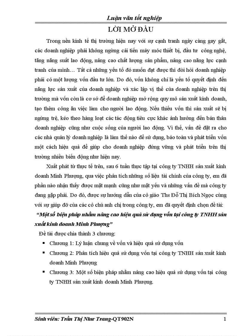 Một số biện pháp nhằm nâng cao hiệu quả sử dụng vốn tại công ty TNHH sản xuất kinh doanh Minh Phượng