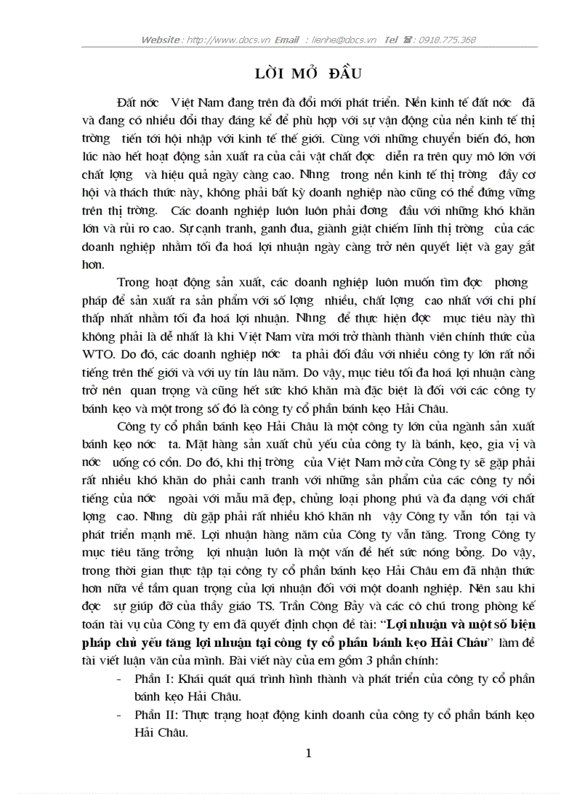 Lợi nhuận 1 số biện pháp chủ yếu tăng lợi nhuận tại C ty CP bánh kẹo Hải Châu
