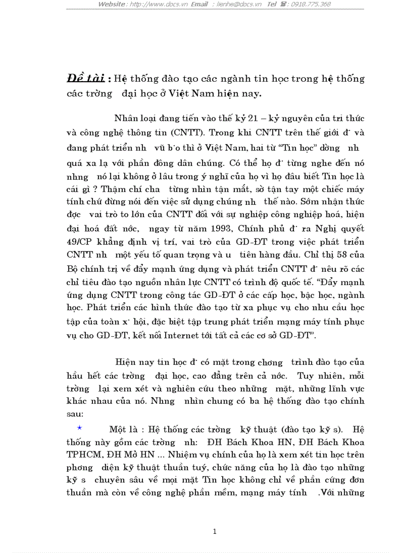 Hệ thống đào tạo các ngành tin học trong hệ thống các trường đại học ở Việt Nam hiện nay