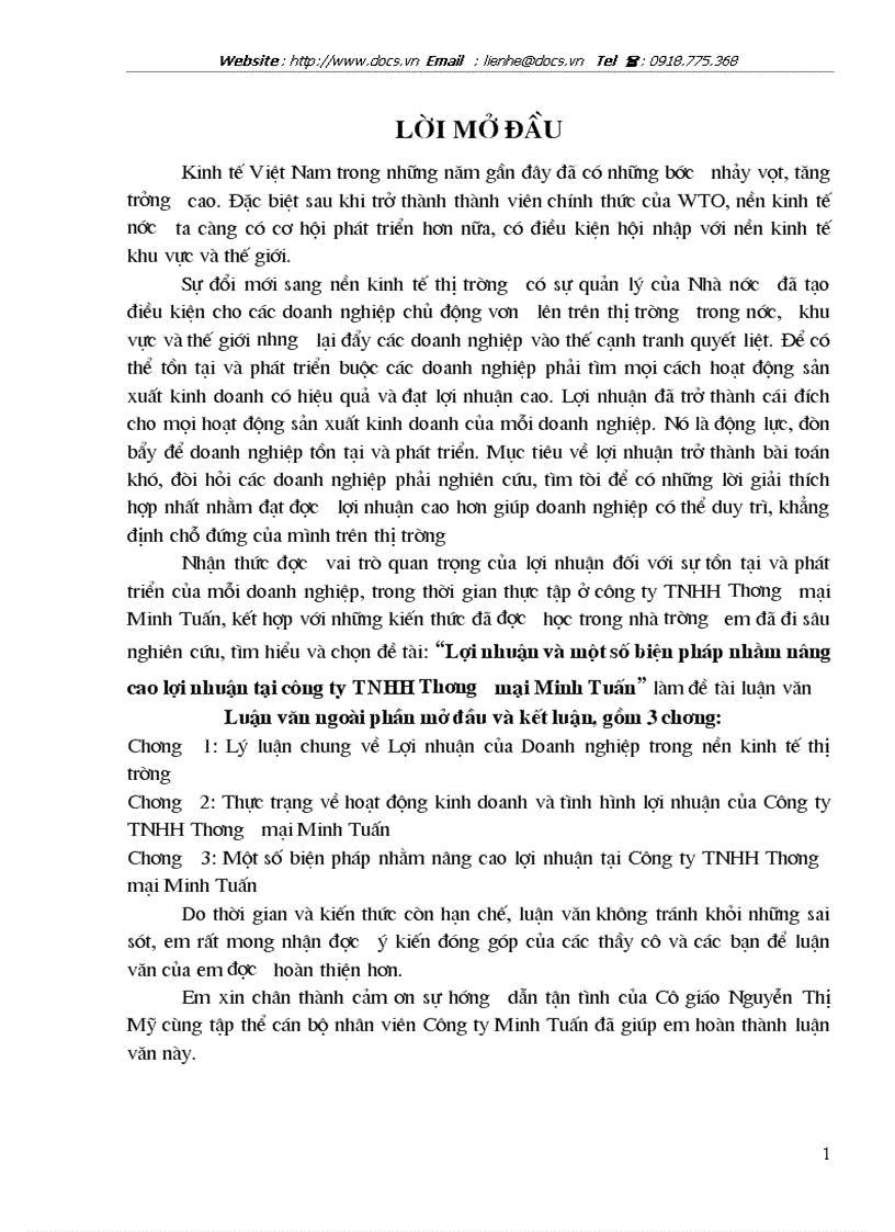 Lợi nhuận và một số biện pháp nhằm nâng cao lợi nhuận tại công ty TNHH Thương mại Minh Tuấn